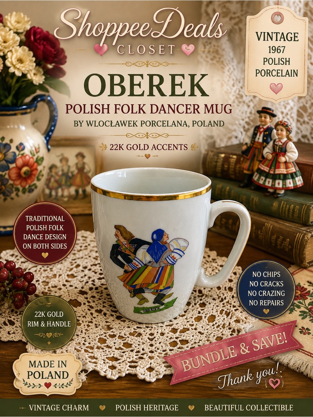 Vintage 1967 Wloclawek Porcelana Oberek Polish Folk Dancer Mug 22K Gold Poland